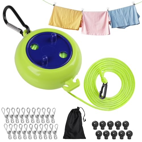 Geepen Retractable Washing Line, 8 m Adjustable Camping Washing Line with 10 Fixed Buckles and 20 Clothespins for Camping Outdoor Indoor