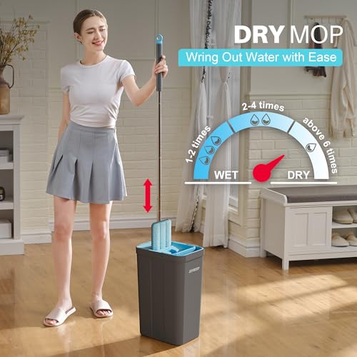 Image of JOYMOOP Mop and Bucket Set, Mops for Floor Cleaning, Wall Mop Cleaner with Long Handle, with 6 Reusable Microfiber Mop Pads - Grey+Cyan Blue