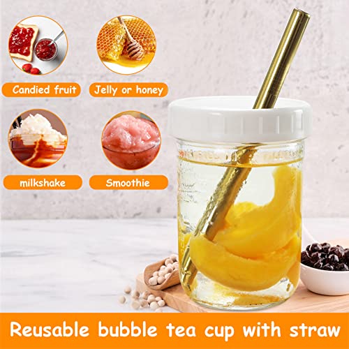 Pckydo Bubble Tea Cups 2 Pack, Reusable Wide Mouth Smoothie Cups, Iced Coffee Cups With White Lids And Gold Straws Mason Jars Glass Cups, Travel Glass Drinking Bottle (16Oz, Gold Straws) #TOP5