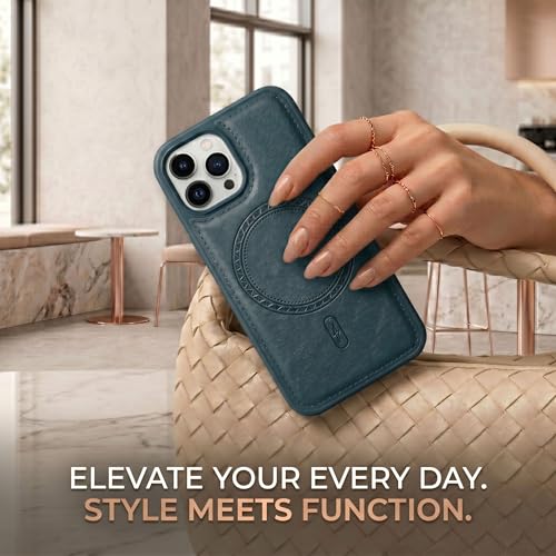 Image of amazon basics Premium PU Leather Case for iPhone 15 Pro Max, MagSafe Compatible Magnetic Ring, Sleek Protective Back Cover - [Blue]