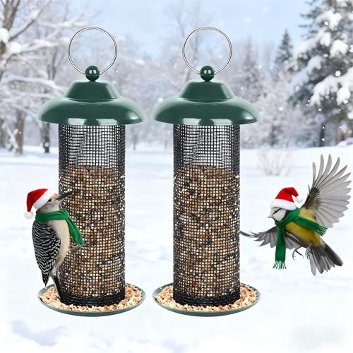 FEED GARDEN 2 Pack Bird Feeders for Outdoors Hanging Finch Feeder for Nyjer Thistle Seed Metal Mesh Tube Feeders Squirrel Proof 0.5 LB Green