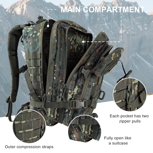 Image of Hannibal Tactical MOLLE Assault Backpack, Tactical Backpack Military Army Camping Rucksack, 3-Day Pack Trip w /USA Flag Patch, D-Rings, Flecktarn