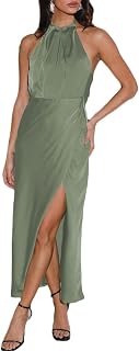 2026 Summer Satin Halter Neck Backless Slit Midi Dresses Elegant Cowl Back Ruched Wedding Guest Maxi Dress for Women