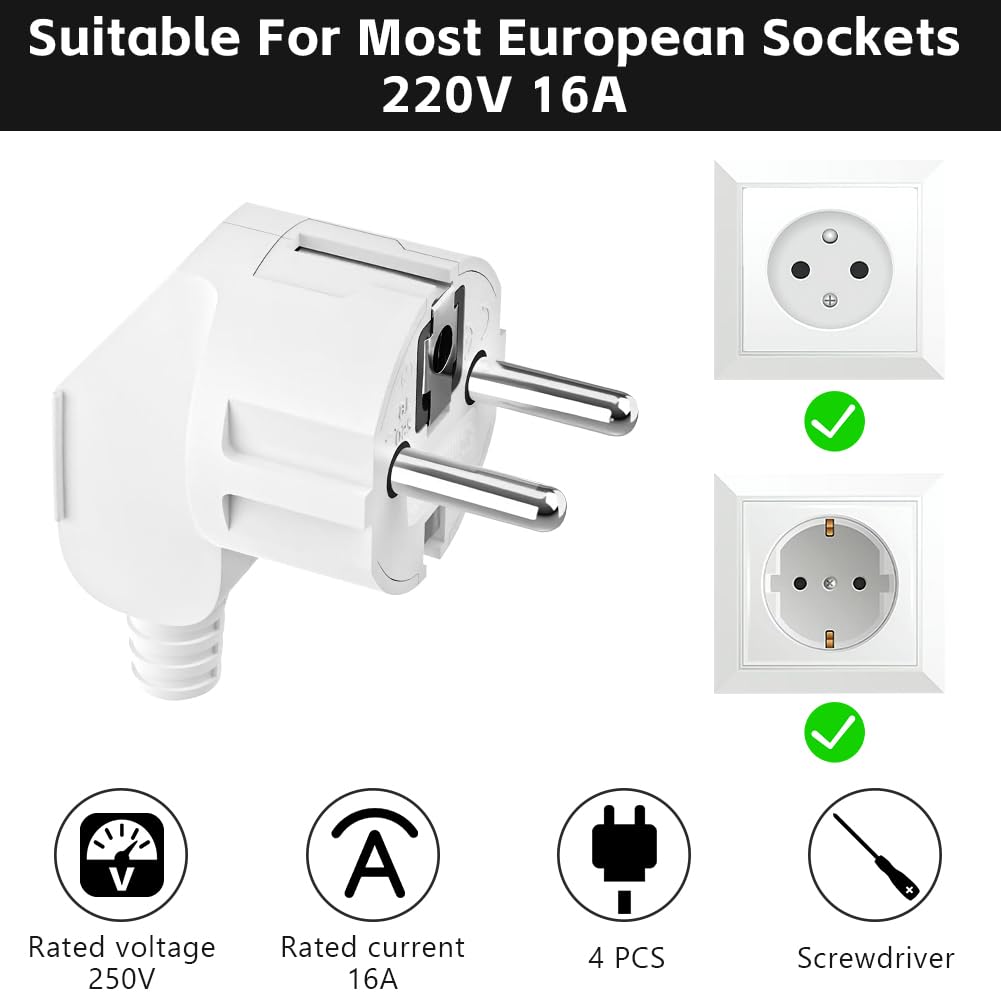 AXFEE Wtyczka europejska, 4 szt. wtyk kątowy Schuko, 16 A 250 V do wtyczki złącza przedłużacza europejskiego do kabli 8–10 mm, do małych urządzeń gospodarstwa domowego – biały