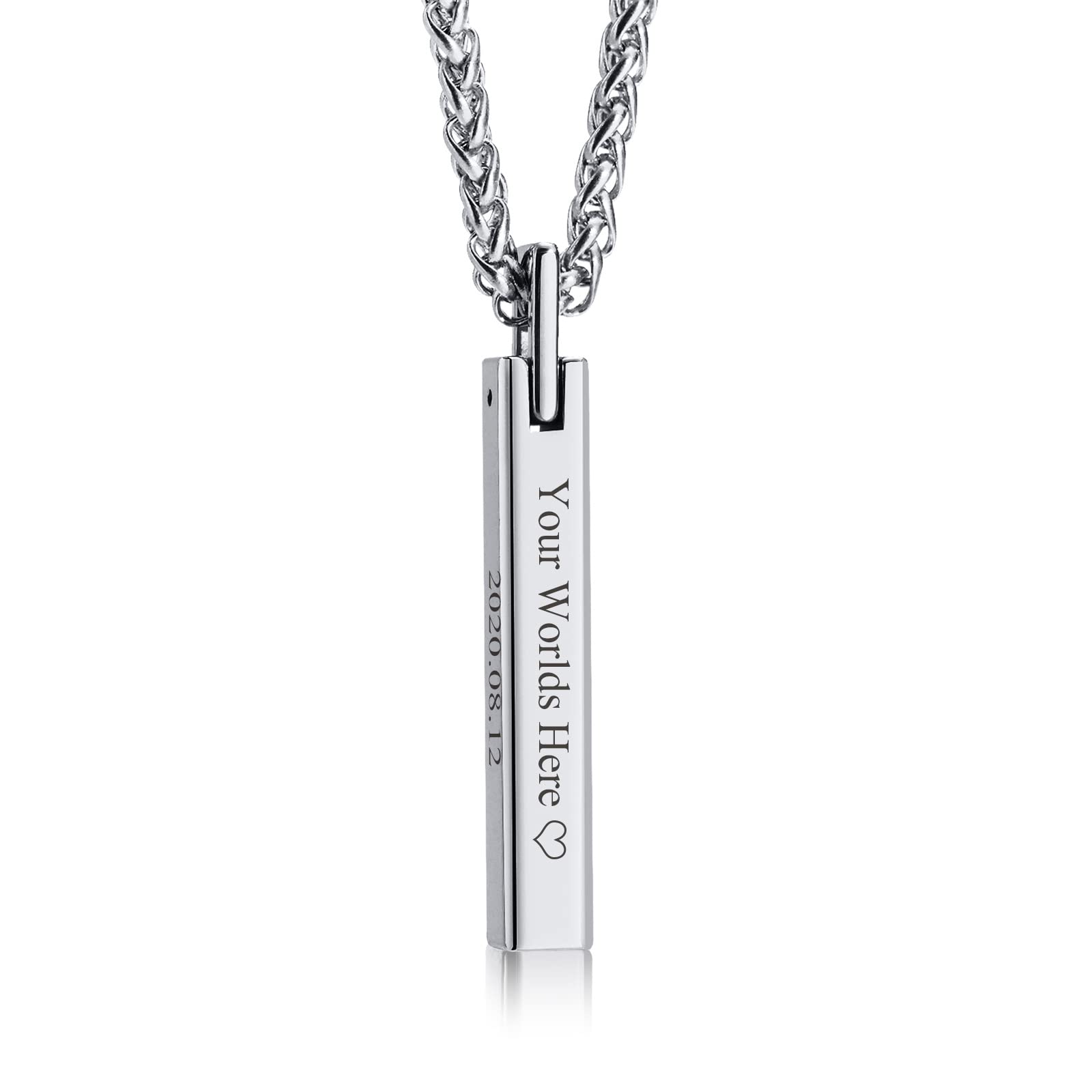 XUANPAI3D Bar Necklace Men, Personalised Engraved 4 Sided Vertical Tungsten Steel 3D Bar Pendant Custom Text Name Necklace Jewelry Couples Friendship Gift, Silver Stainless Steel Chain