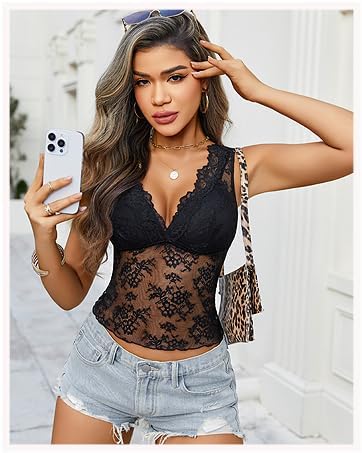 Avidlove Lace Tops for Women V Neck Tank Tops Sexy Sheer Y2k Crop Tops for Going Out Concert - Image 3