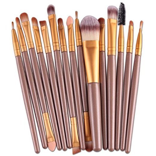 Sankuwen 15PCs Makeup Brush Set Tools Toiletry Kit (Golden-Golden)