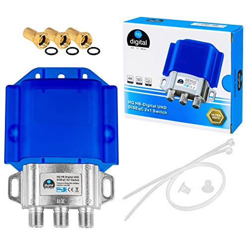 1 commutateur HQ DiseqC 2/1 avec boîtier de protection contre les intempéries HB-DIGITAL 2 x LNB SAT 1 x récepteur pour Full HDTV 3D 4K UHD + 3 x fiches F plaquées or
