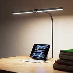 Luminária LED de Mesa para Escritório, 64cm, Luz Dupla, 3000K-6000K, 24W Alimentação USB, 10 Níveis de Brilho, Proteção Ocular, Preta