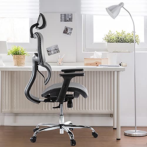 Image of Ergonomic Chair, High Back Executive Style, Modern Office Chair with Lumbar Support, Breathable Mesh Covering, Fully Adjustable Armrests, Height and Headrest, Grey