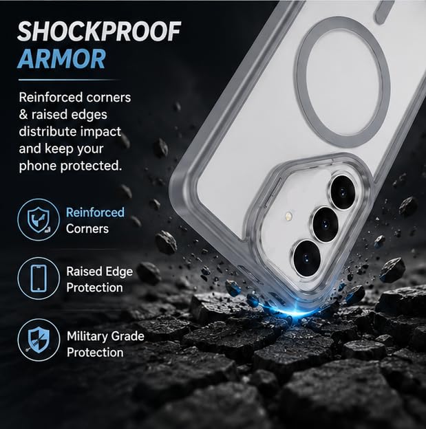 Image of MagPro ClearBack Case with Stand for Samsung Galaxy S24 Anti Yellow, Strong MagSafe Compatible Cover, Shockproof Armor, Scratch Resistant Polycarbonate Hard Back with Soft TPU Bumper Grey