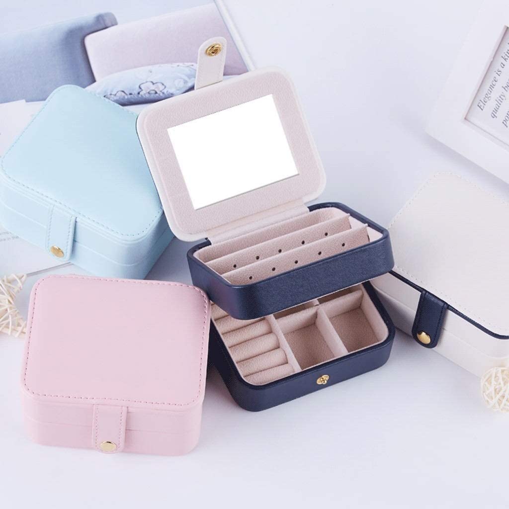 Pudełka z biżuterią Organizator Podwójny podróżny Mini mały futerał na biżuterię z lustrem Organizer na biżuterię Pudełko do przechowywania na biurku /95(Blue)
