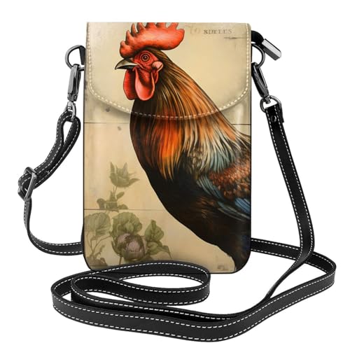 Rooster Postcard Crossbody Bag for Women PU Leather Small Travel Cell Phone Pouch Lightweight Mini Phone Purse Wallet Cross Body Shoulder Bags with Card Slots and Shoulder Strap