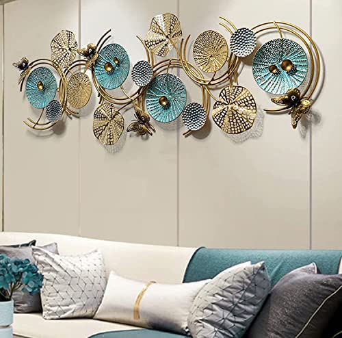 Image of F-RIQA METAL Metal Wall Art Floral Design with Butterfly Accents | Teal Gold Silver 3D Modern Wall Decor | Large Metal Wall Hanging for Living Room Bedroom Hallway Office (124 x 54 cm)
