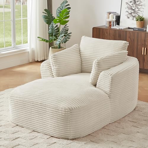 Image of 65 inch Soft Corduroy Chaise Lounge Chair Indoor, Lounge Chaise with Spring Cushion, Sleeper Sofa with No Assembly for Living Room and Apartment, White