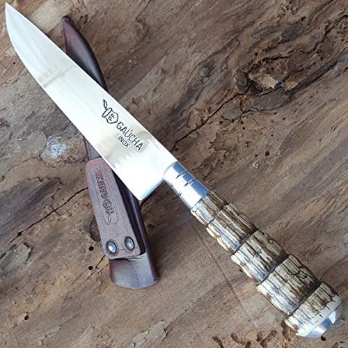 Facas Gaúcha, 1007RT, Faca N 7 Aço Inox Cabo Rabo de Tatu e Bainha Churrasco, cor Marrom, Couro