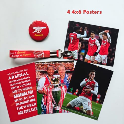 Image of TenorArts Arsenal Gift Box Merchandise for Fans - 5x7 Inches Laminated Photo Frame,1 Arsenal Keychain, 1 Badge, 4 4x6 inches Sized Posters, Multi sized Football Stickers - 5 items in 1 Box | Perfect for Gifting Football Fans
