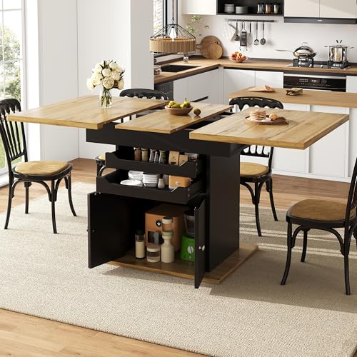 Oxtao Mesa de comedor telescópica, mesa de cocina plegable para 4-6 personas, mesa de comedor extensible, mesa de cocina que ahorra espacio, mesa con dos cajones y un armario de almacenamiento