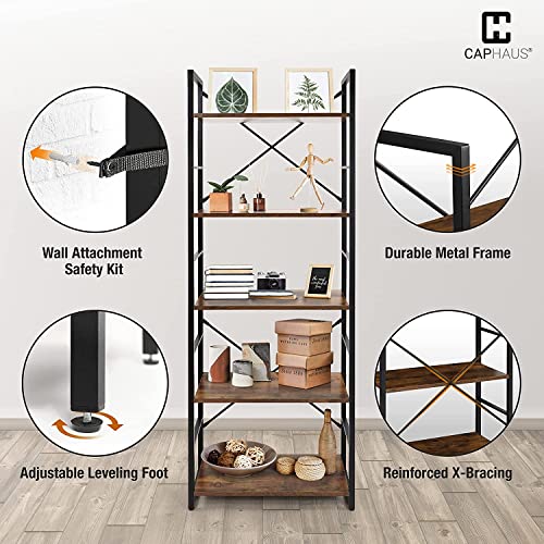 Image of CAPHAUS 6 Tier Bookshelf, 24 Inch Width Free Standing Shelf, Bookcase Shelf Storage Organizer, Industrial Book Shelves for Home Office, Living Room, Kitchen, Rustic Oak Vintage Shelves & Metal Frame