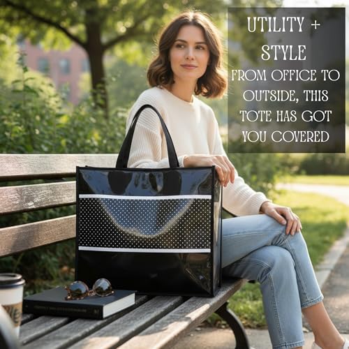 Image of Multipurpose Tote Bag - Black with White Dots | Large Waterproof PVC Mesh Picnic Bag | Reusable Shopping Bag for Groceries, Travel, Beach, Outdoor & Daily Use | Stylish Carry Handbag