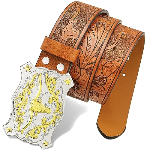 Long Horn Western Buckle Belts Cowboy Rodeo Texas Large Buckles Belt Straps Bull Head Engraved Leather Belt
