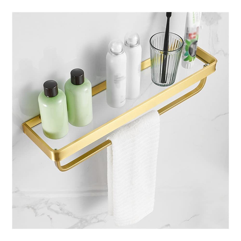 NPQPNAFC Bathroom Shelf Shower Caddy Brushed Gold Aluminum Tempered Glass Shampoo Soap Cosmetic Cosmetic Towel Bar Wall Mounted