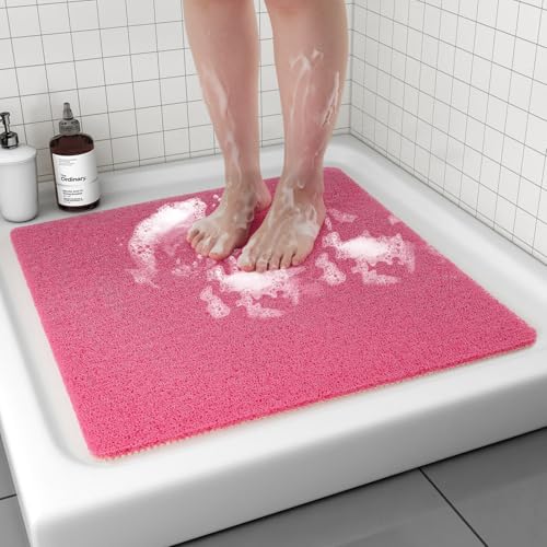 Non Slip Shower Mat, Comfortable Bath mat for Textured Surface,Quick Drying Easy Cleaning Shower Floor Mat for Wet Area,Without Suction Cups Pink 24 x 24 24" x 24" (Square) Pink