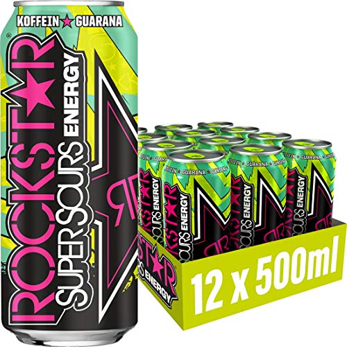 Rockstar Energy Drink Super Sours Green Apple - Saures, koffeinhaltiges Erfrischungsgetränk für den Energie Kick, EINWEG (12x 500ml)