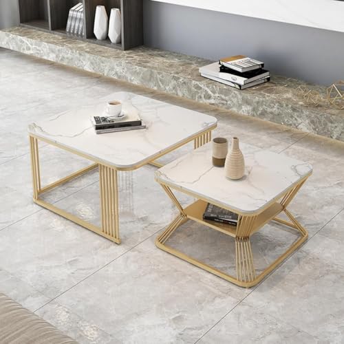 Image of Furniture Cafe Modern Nesting Square Coffee Table Set of 2 - White Marble Top with Gold Metal Frame, Living Room Accent Center Table with Storage Shelf