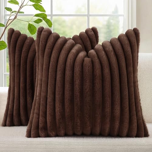 Image of decorUhome Fall Cozy Faux Fur Throw Pillow Covers 22x22 Set of 2 Decorative Soft Plush Striped Modern Farmhouse Boho Couch Euro Sham Pillow Cases with Velvet Back for Sofa Bed Living Roomr, Dark Brown