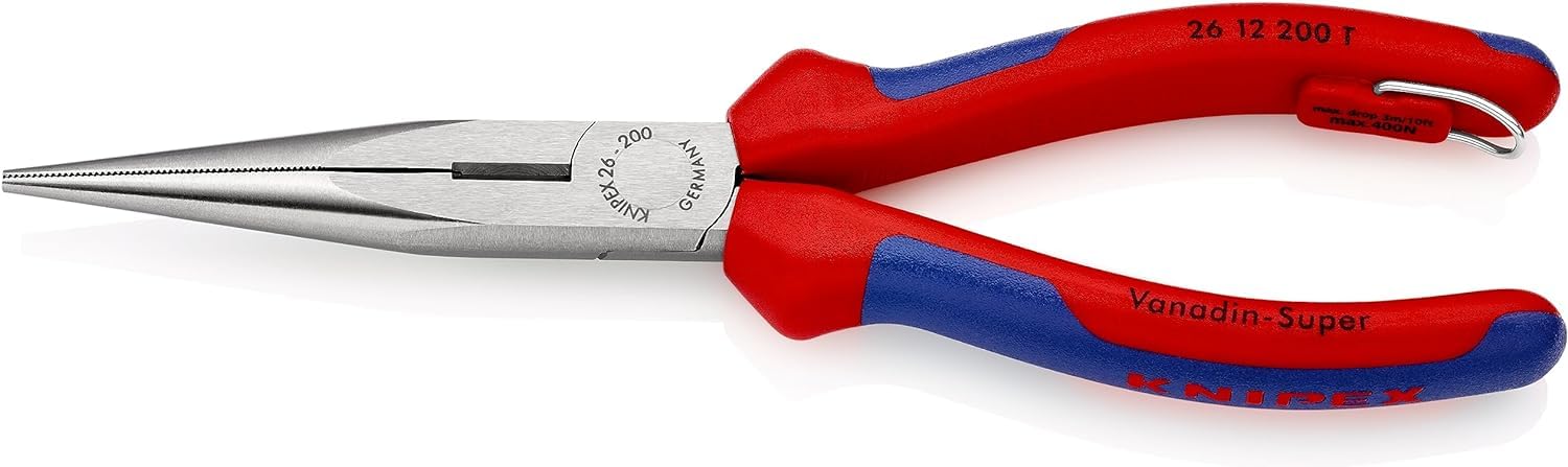 KNIPEX 26 12 200 T Snipe Nose Side Cutting Pliers (Stork Beak Pliers) with Multi-Component Grips, with Integrated Tether Attachment Point for a Tool Tether Black atramentized 200 mm