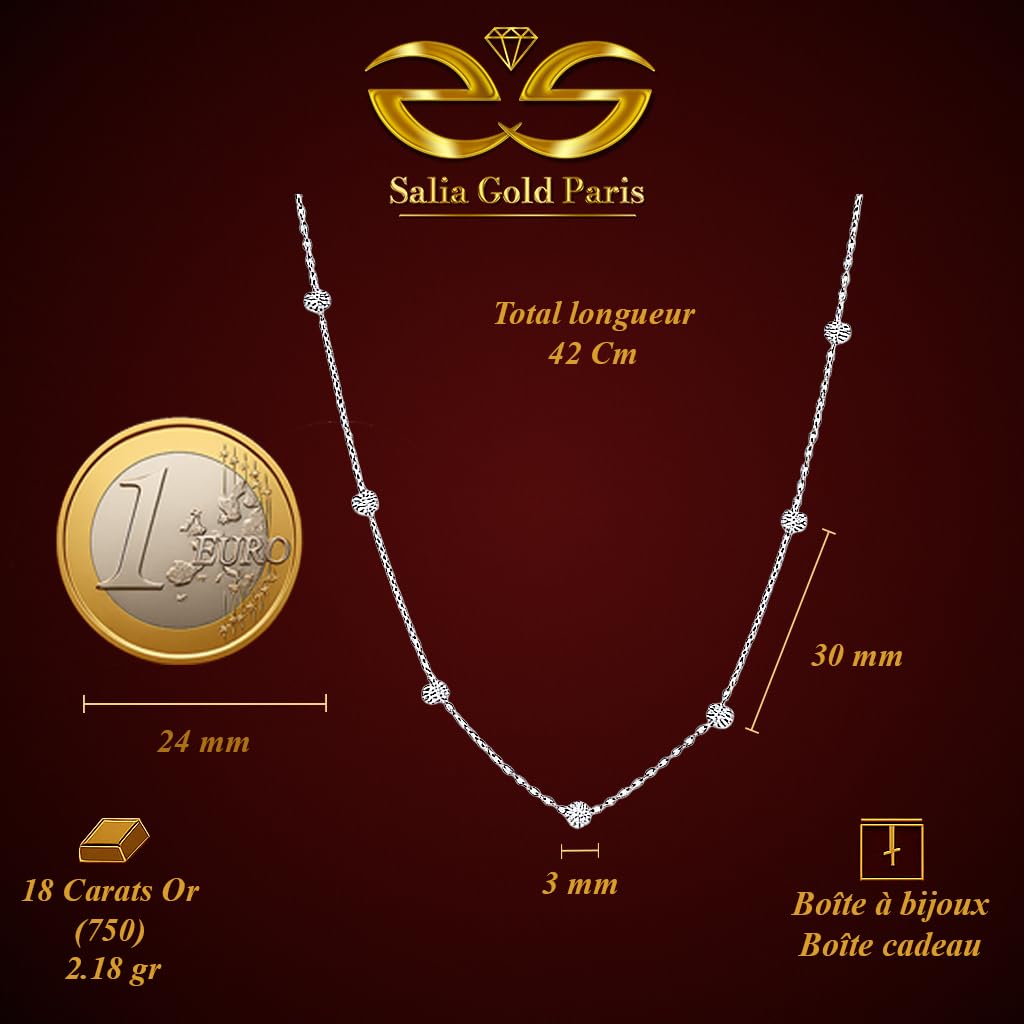 Collar Salia Gold Paris - Oro de 18 quilates - 2,18 gr - Cadena de oro blanco con cuentas facetadas brillantes - Valor refugio - Idea de regalo - Sello 750 - Certificado de autenticidad