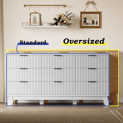 Image of BORNOON 63 inch Long Dresser for Bedroom, 9-Drawer Fluted Dresser, Extra-Wide Wood Chest of Drawers with Smooth Metal Slides, Stable Base, Modern Clothes Storage Cabinet for Living Room, Hallway, Nursery