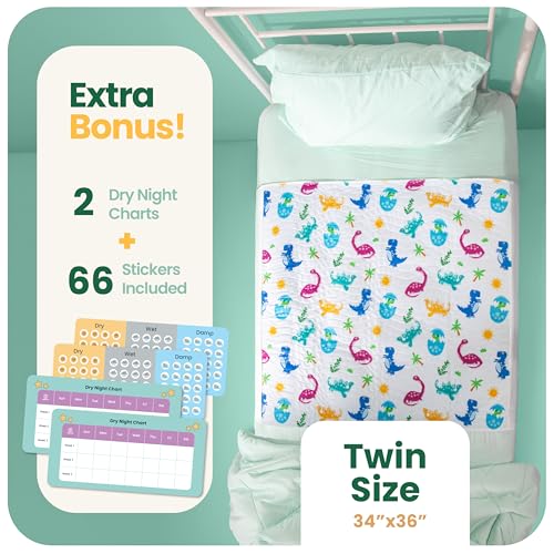 Image of IMPROVIA Pee Pads for Kids - Bed wetting Pads for Kids Potty Training Bed mats for Toddlers Waterproof Reuseable Washable Absorbent, Non Slip - Dino Design - Twin Size 34 inchx36