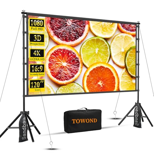 Image of Outdoor Projector Screen with Stand, TOWOND 120 inch Portable Movie Screen, 16:9 HD Foldable Anti-Crease Projection Screen with Carry Bag for Home Theater Outdoor Indoor Support Double Sided