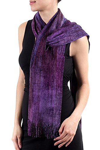 NOVICA Artisan Handmade Rayon Chenille Scarf Bamboo Accessories Scarves Purple Wrap Patterned Guatemala Woven ' Orchid Dreamer'