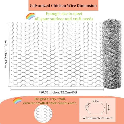 Anti-Rust 16.93"x480.3" Hexagonal Galvanized Chicken Wire Fence
