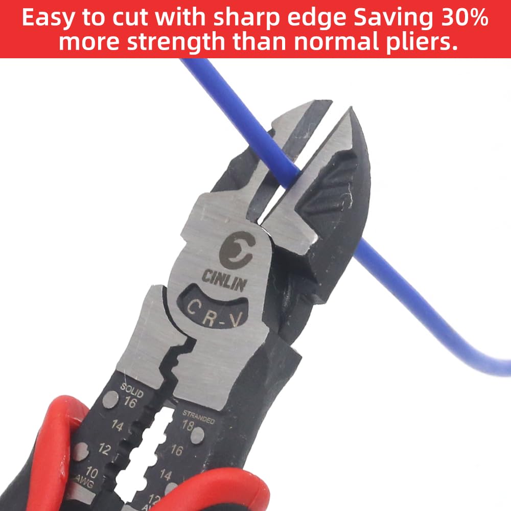 Alicates de corte diagonal 3 en 1, multifunción de 7.5 pulgadas, función de corte lateral/pelado/crimpado, cortadores de alambre con mango ergonómico para electricistas y hogares. Alicates