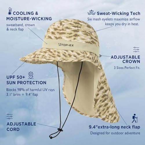 Image of TOP-EX Cooling Sun Hat with Neck Flap - UPF 50+ Wide Brim Breathable Hat for Hiking, Fishing & Big Heads