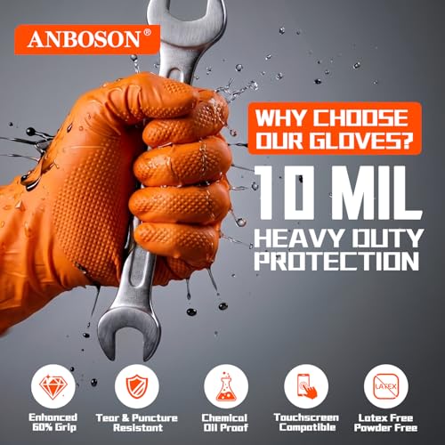 Image of ANBOSON 10 Mil Heavy Duty Industrial Nitrile Gloves, Orange Medium 500 Ct | 500 Ct Diamond Texture, Disposable Latex Free Rubber Gloves for Auto Repair,Workshop,Warehouses,Chemical Handling Industrial