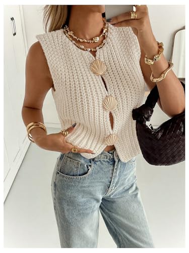 MakeMeChic Women's Boho Tops Lightweight Sweater Vest Seashell Metal Button Sleeveless Crochet Knitted Tank Tops4