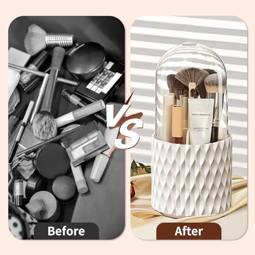 FIVAVA Makeup Brush Holder 360 Rotating Make up Organiser with Dustproof Lid,Spinning Cosmetic Organizer Storage Box for Lipstick Lip Gloss Eyeliner Bathroom(White) - Image 4