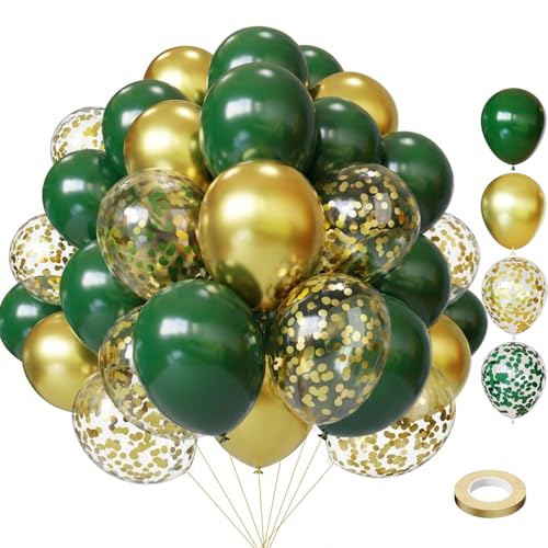 Image of Lukiituke Green and Gold Balloons, 75Pcs Dark Green Balloons | 12in and 5in Latex Balloons for Birthday, Graduation, St.Patrick's Day, Jungle Party Decorations