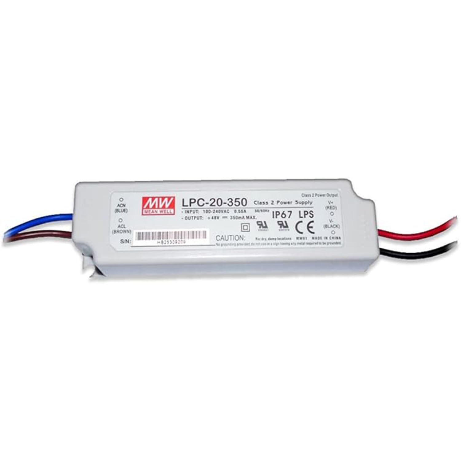 LPC-20-350 9-48V 350mA Constant Current LED Driver, 20W IP67 Waterproof Power Supply, 90-264VAC/127-370VDC Input, UL/TUV/CSA Certified, for LED Lighting, Billboard, and Landscape Lighting