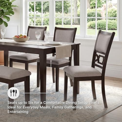 Image of Signature Design by Ashley Langwest 6-Piece Dining Table Set with Bench | Seats up to 6, 60.38 in W dining table, Reverse diamond patterned veneer, Tapered legs, Light beige polyester fabric