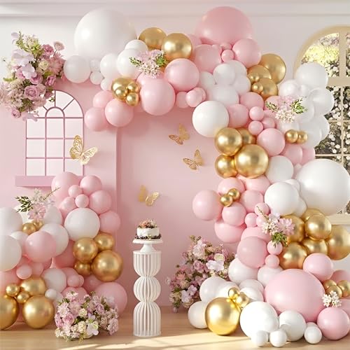 Image of Pink, White and Golden Balloon Garland Kit with Golden 3D Butterfly Decor, 68 Pieces, Perfect for Birthday Decoration, Baby Shower and Party Backdrop