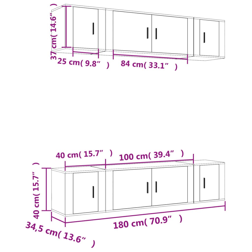 6-TLG. TV-Schrank-Set Betongrau Holzwerkstoff, Wandmontage, Modernes Media-Center für Wohnzimmer, Robustes Entertainment-Möbel mit Stauraum