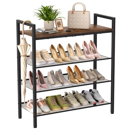 Shoe Rack for Front Door Entrance, 4 Tier Shoe Rack for Entryway, 12-16 Pairs of Shoes, Metal Shoe Rack Organizer, Free Standing Shoe Rack for Closet (Black+Rustic Brown)