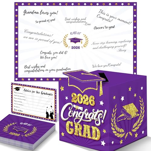 Image of Graduation Decorations Purple and Gold 2026 - Giant Guest Book Alternative,Graduation Cards Box with 36PCS Advice Cards,Signature Board Congrats Grad Decorations Supplies 2026
