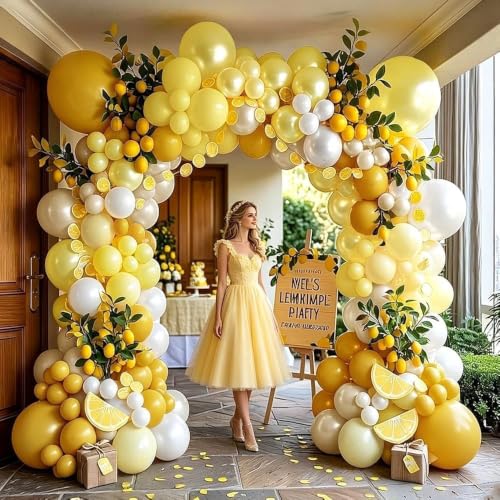 Image of Yellow Balloon Arch Kit Double Stuffed Mustard Pastel Yellow Pearl White Sand Balloon Garland for Bee Baby Shower Bridal Wedding Birthday Lemon Fall Thanksgiving Party Decorations